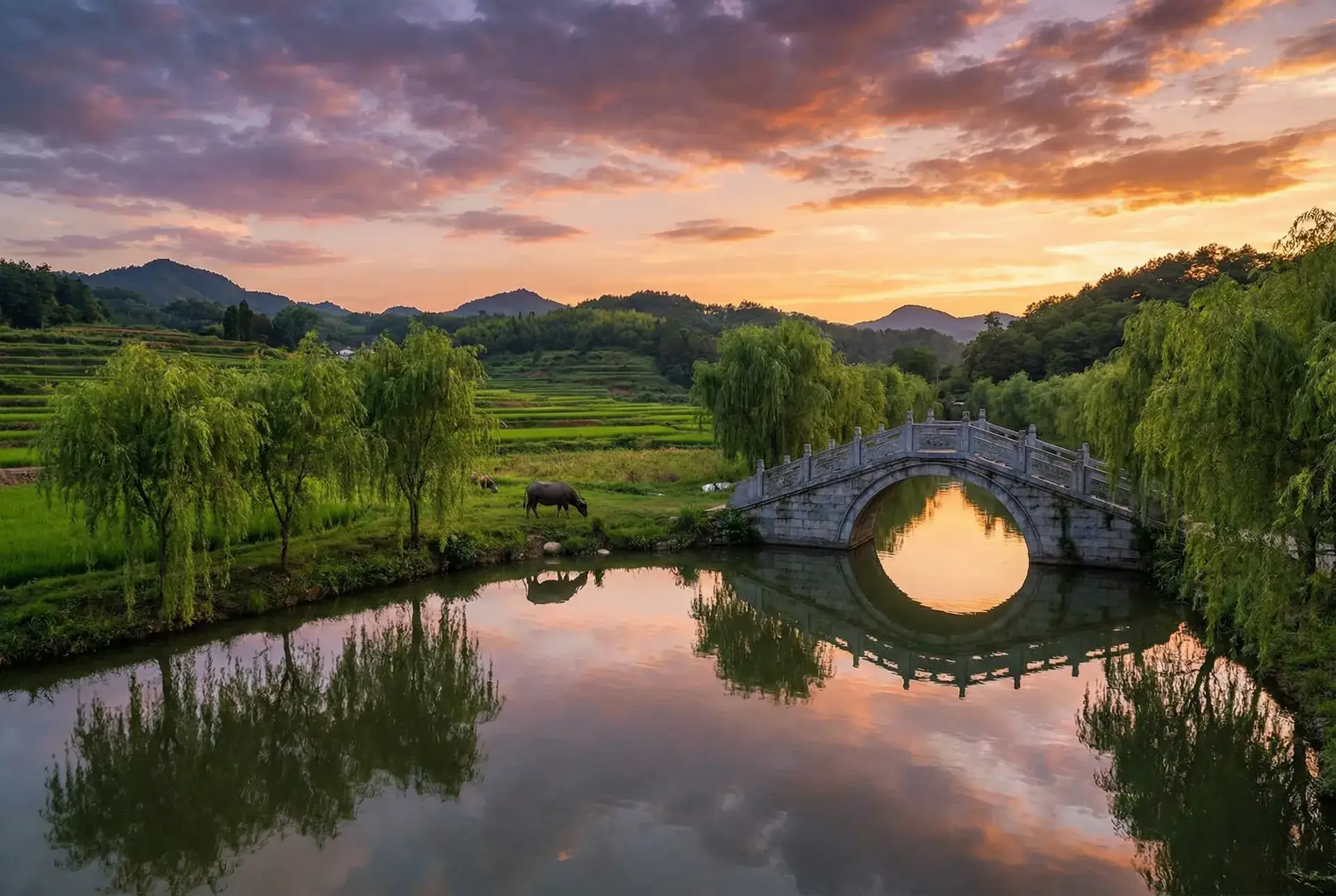 夕阳下的石拱桥与垂柳，水牛在河边吃草 - adc视频在线观看 乡村美景